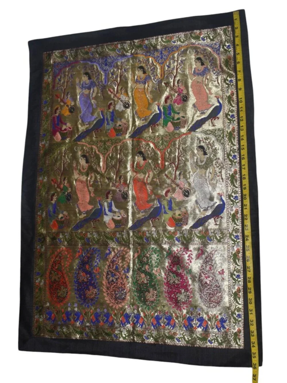 Indian Metallic Brocade Wall Hanging Tapestry Women Musicians Peacocks